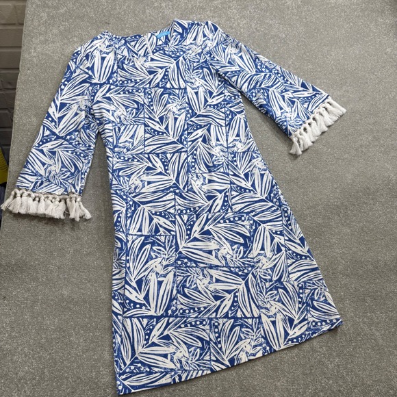 J McLaughlin Brenda Shift Dress Catalina Blue White Willow Bluff Tassel Small - Picture 4 of 15